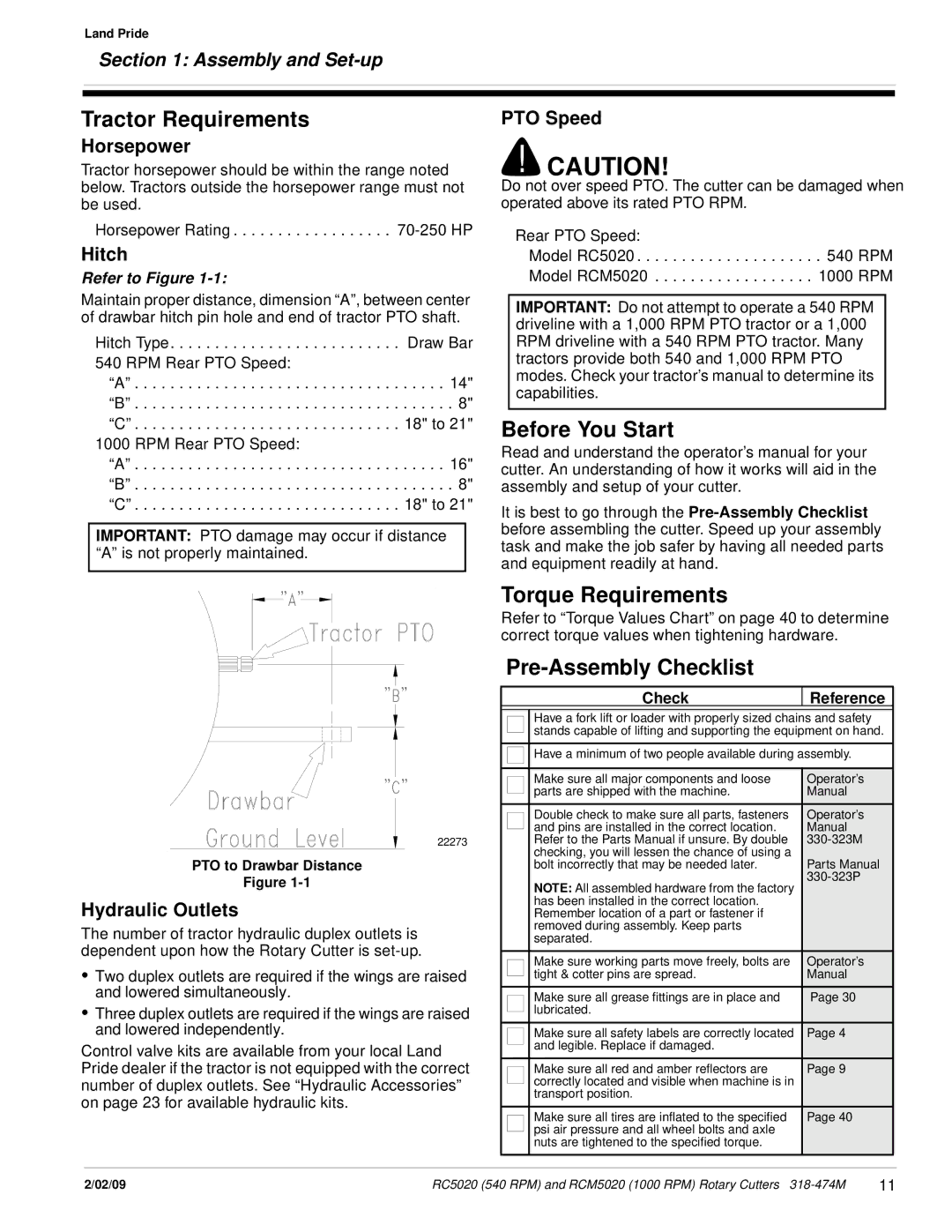 Land Pride RC5020 Tractor Requirements, Before You Start, Torque Requirements, Pre-Assembly Checklist, Assembly and Set-up 