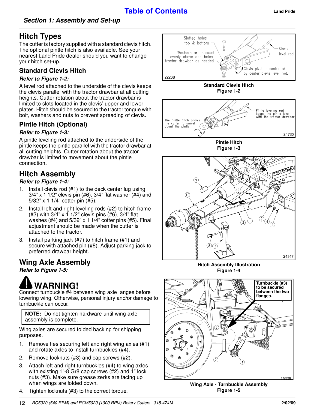 Land Pride RCM5020, RC5020 Hitch Types, Hitch Assembly, Wing Axle Assembly, Standard Clevis Hitch, Pintle Hitch Optional 