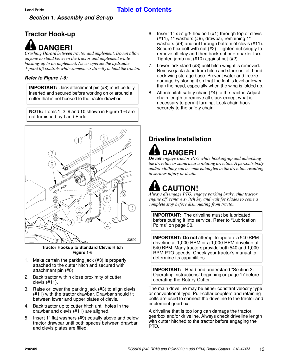 Land Pride RC5020, RCM5020 manual Tractor Hook-up, Driveline Installation 