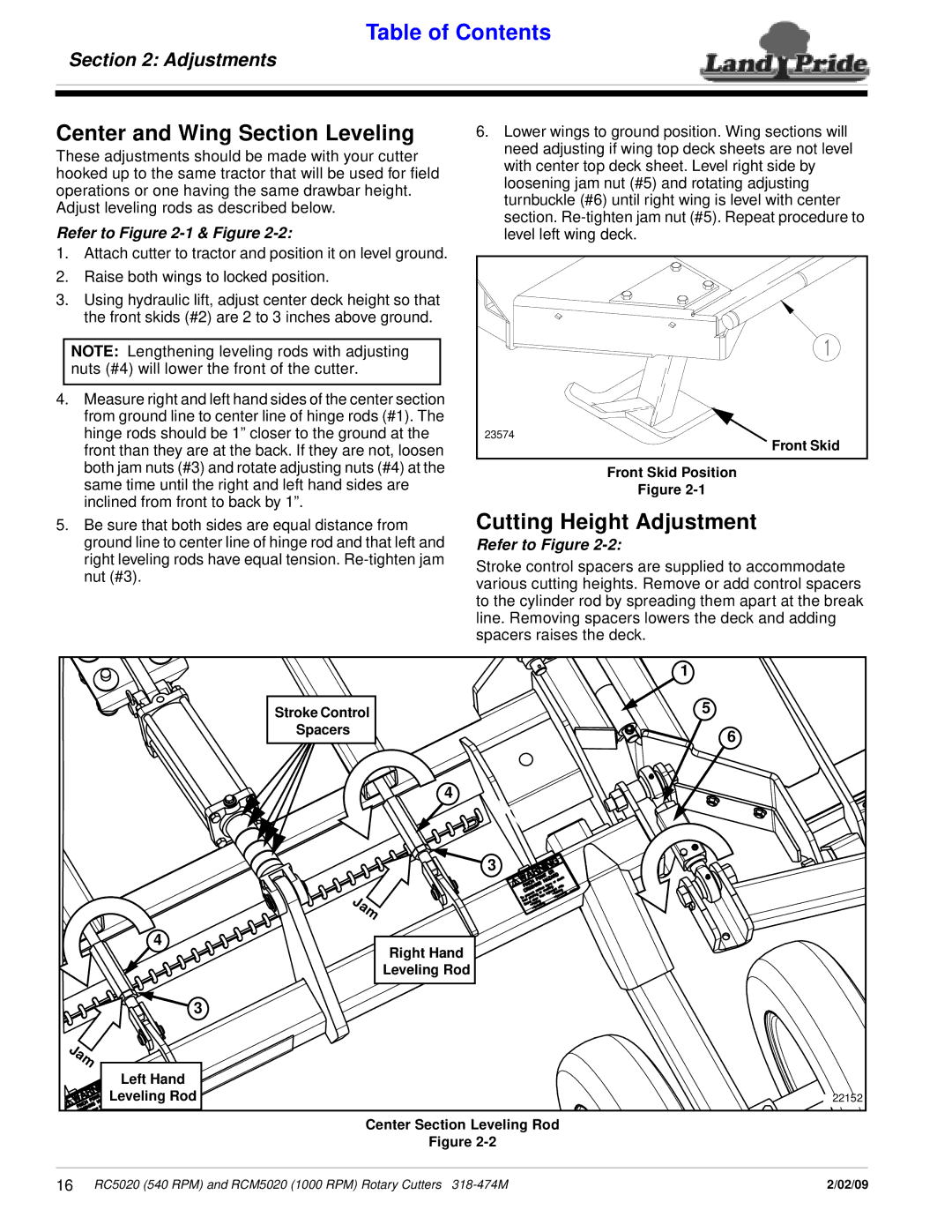 Land Pride RCM5020, RC5020 Center and Wing Section Leveling, Cutting Height Adjustment, Adjustments, Refer to -1 & Figure 