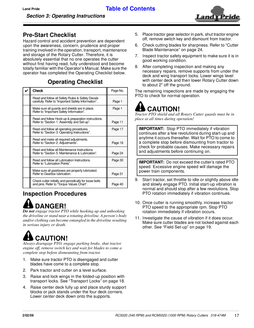 Land Pride RC5020, RCM5020 manual Pre-Start Checklist, Operating Checklist, Inspection Procedures, Operating Instructions 