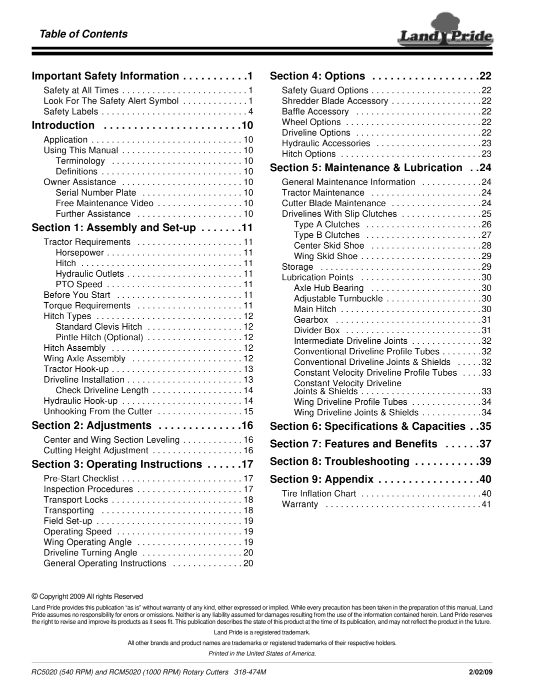 Land Pride RCM5020, RC5020 manual Table of Contents 