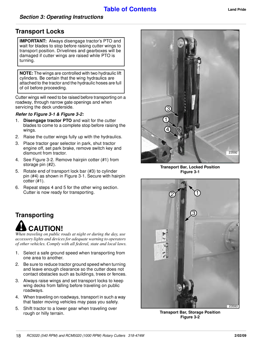 Land Pride RCM5020, RC5020 manual Transport Locks, Transporting, Refer to -1& Figure 