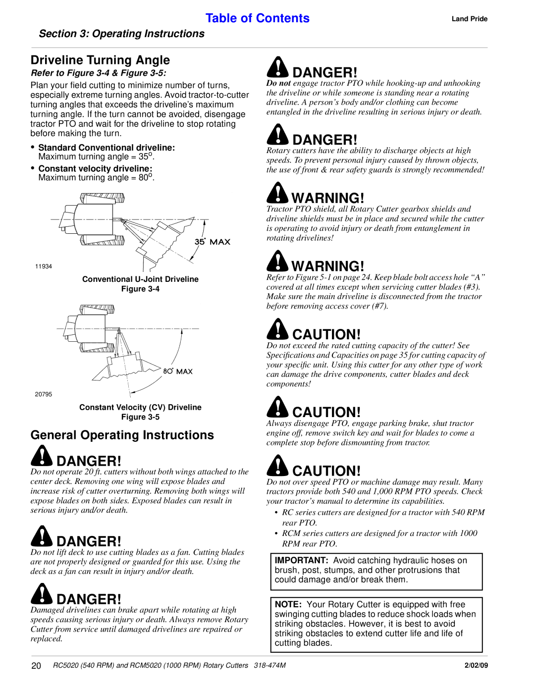 Land Pride RCM5020, RC5020 manual Driveline Turning Angle, General Operating Instructions 