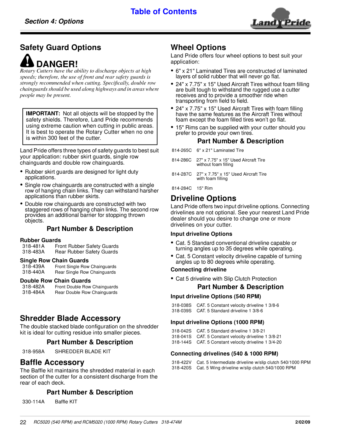 Land Pride RCM5020 Safety Guard Options, Shredder Blade Accessory, Baffle Accessory, Wheel Options, Driveline Options 
