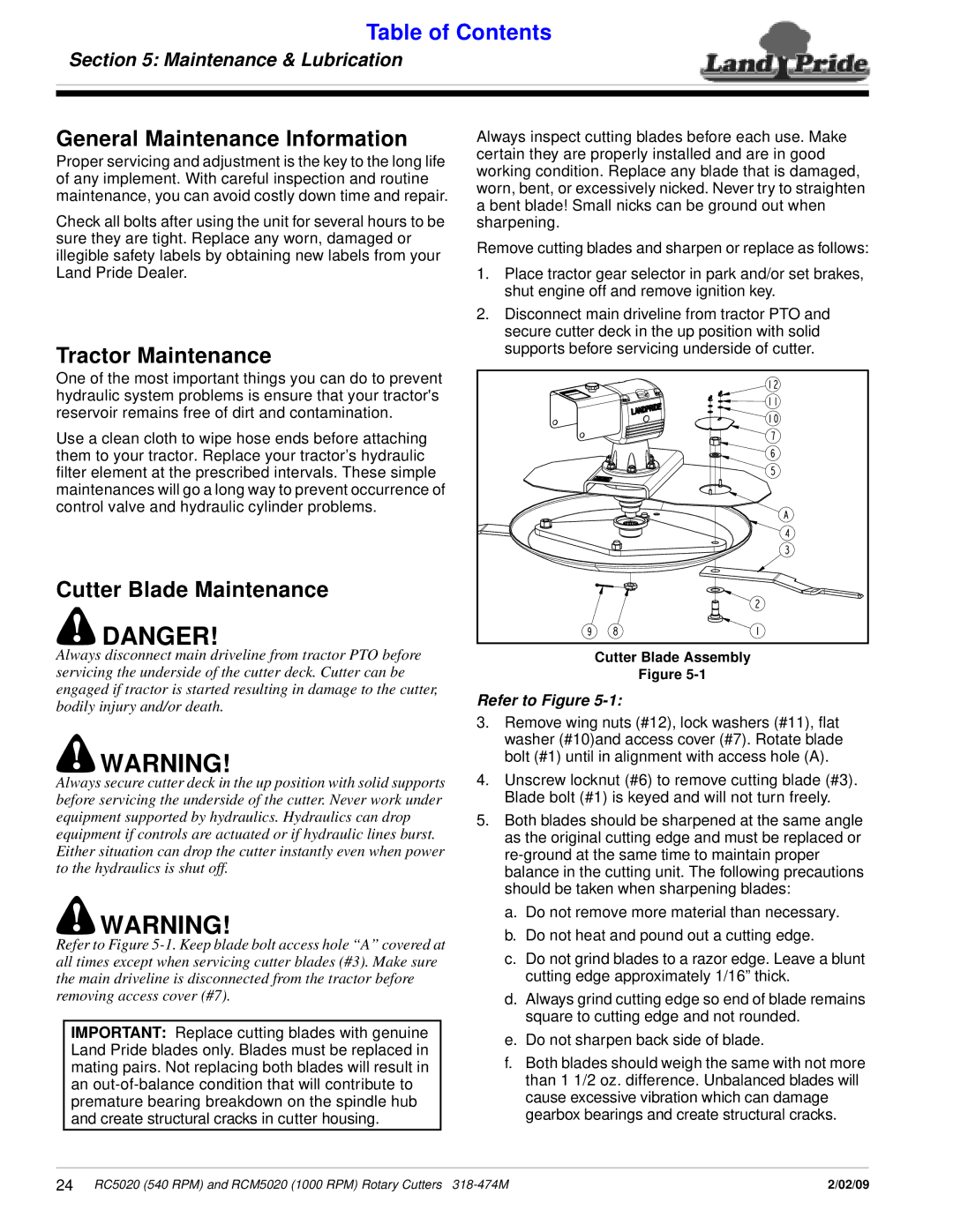 Land Pride RCM5020, RC5020 manual General Maintenance Information, Tractor Maintenance, Cutter Blade Maintenance 