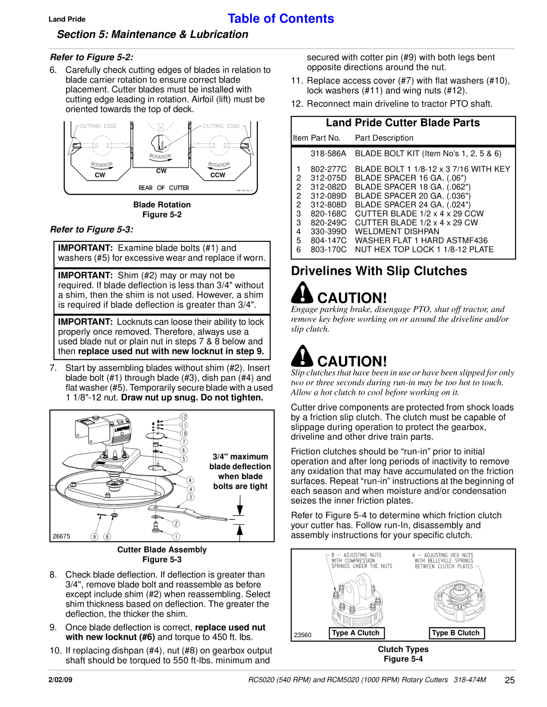 Land Pride RC5020, RCM5020 manual Drivelines With Slip Clutches, Land Pride Cutter Blade Parts 