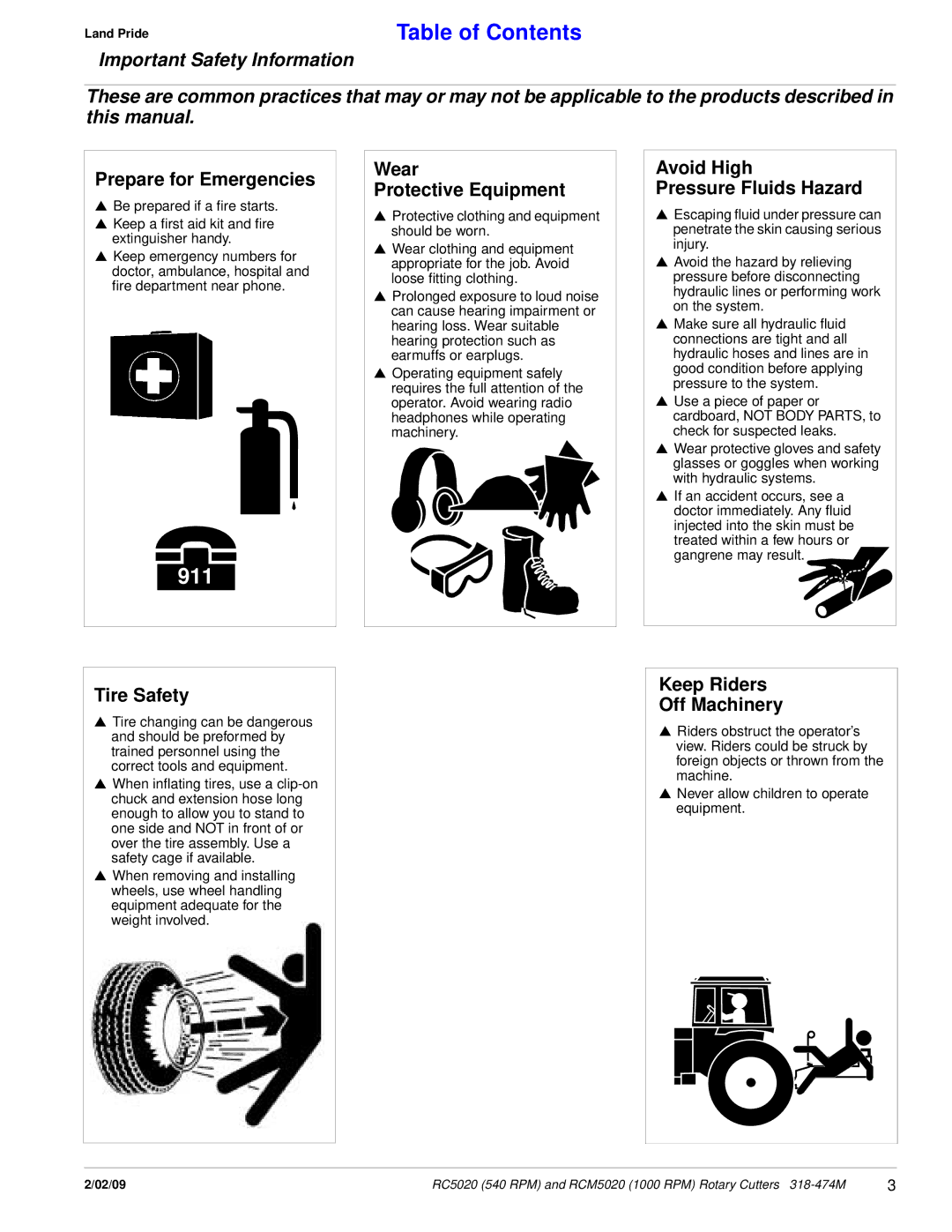 Land Pride RC5020 manual Prepare for Emergencies, Wear Protective Equipment, Avoid High Pressure Fluids Hazard, Tire Safety 