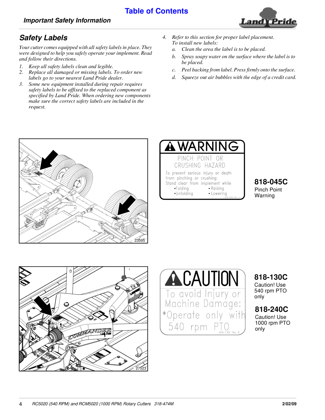 Land Pride RCM5020, RC5020 manual 818-045C, 818-130C 818-240C 