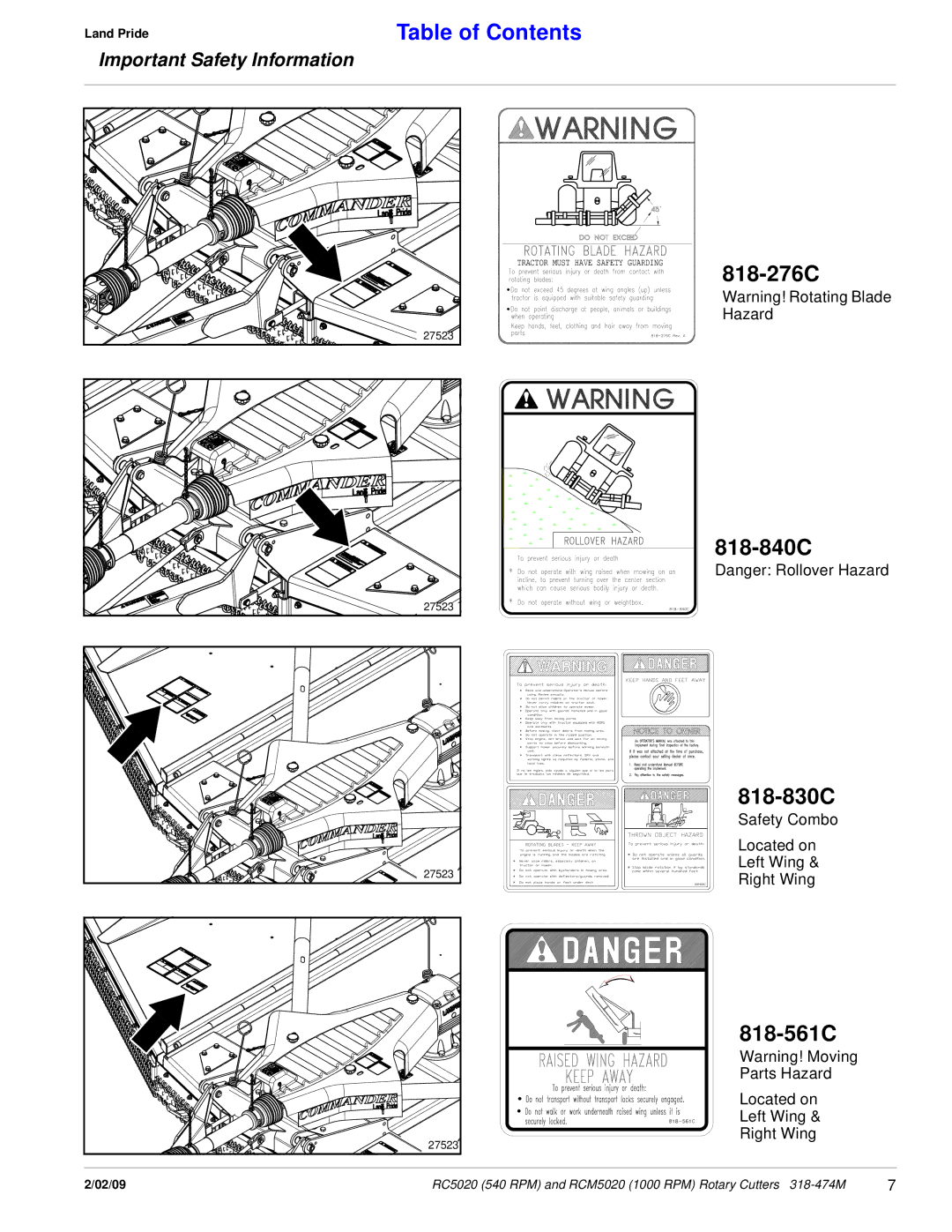 Land Pride RC5020, RCM5020 manual 818-276C, 818-840C 818-830C, 818-561C 