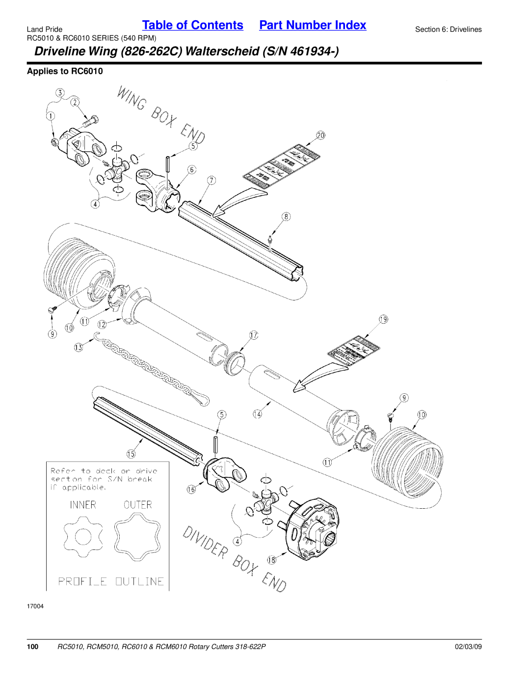 Land Pride RCM6010, RC5010, RCM5010, RC6010 manual Driveline Wing 826-262C Walterscheid S/N 