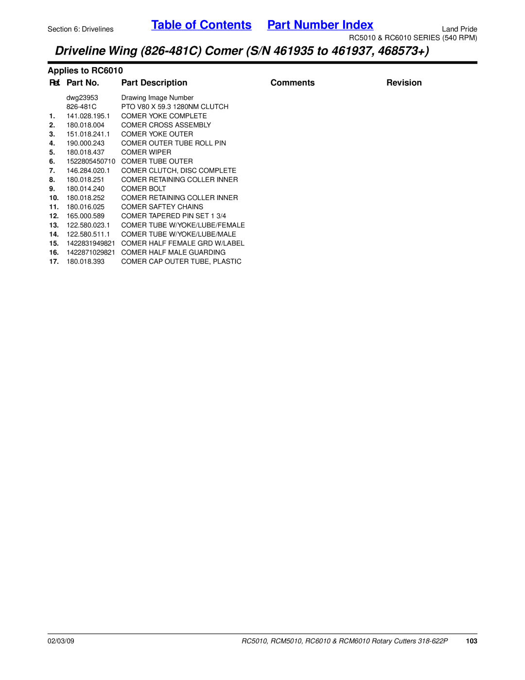 Land Pride RC6010, RCM6010, RC5010, RCM5010 manual 13 .580.023.1 Comer Tube W/YOKE/LUBE/FEMALE, Comer Half Female GRD W/LABEL 