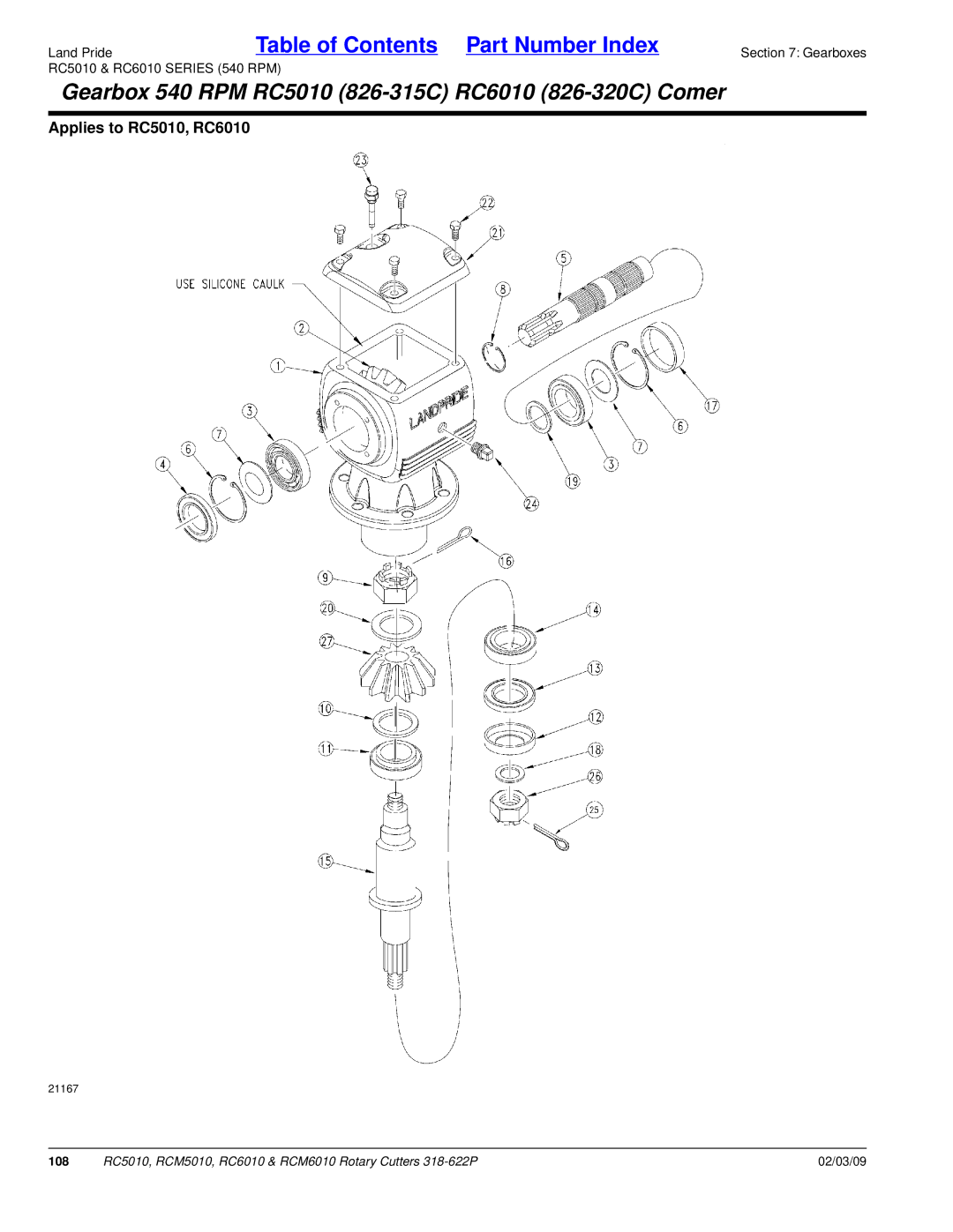 Land Pride RCM6010, RCM5010 manual Gearbox 540 RPM RC5010 826-315C RC6010 826-320C Comer 