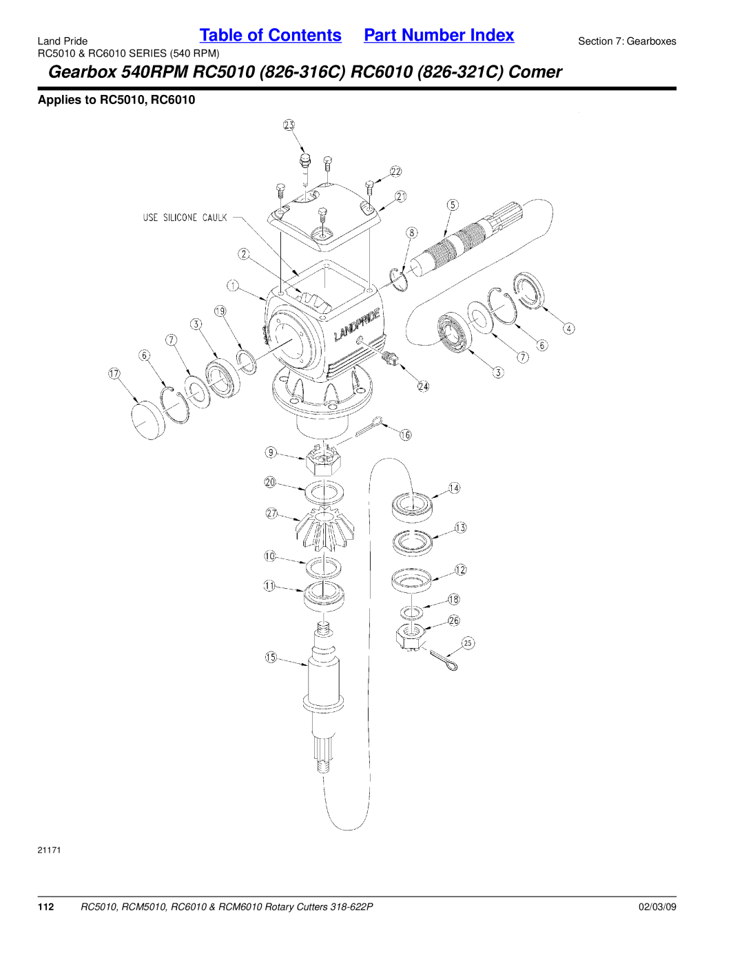 Land Pride RCM6010, RCM5010 manual Gearbox 540RPM RC5010 826-316C RC6010 826-321C Comer 