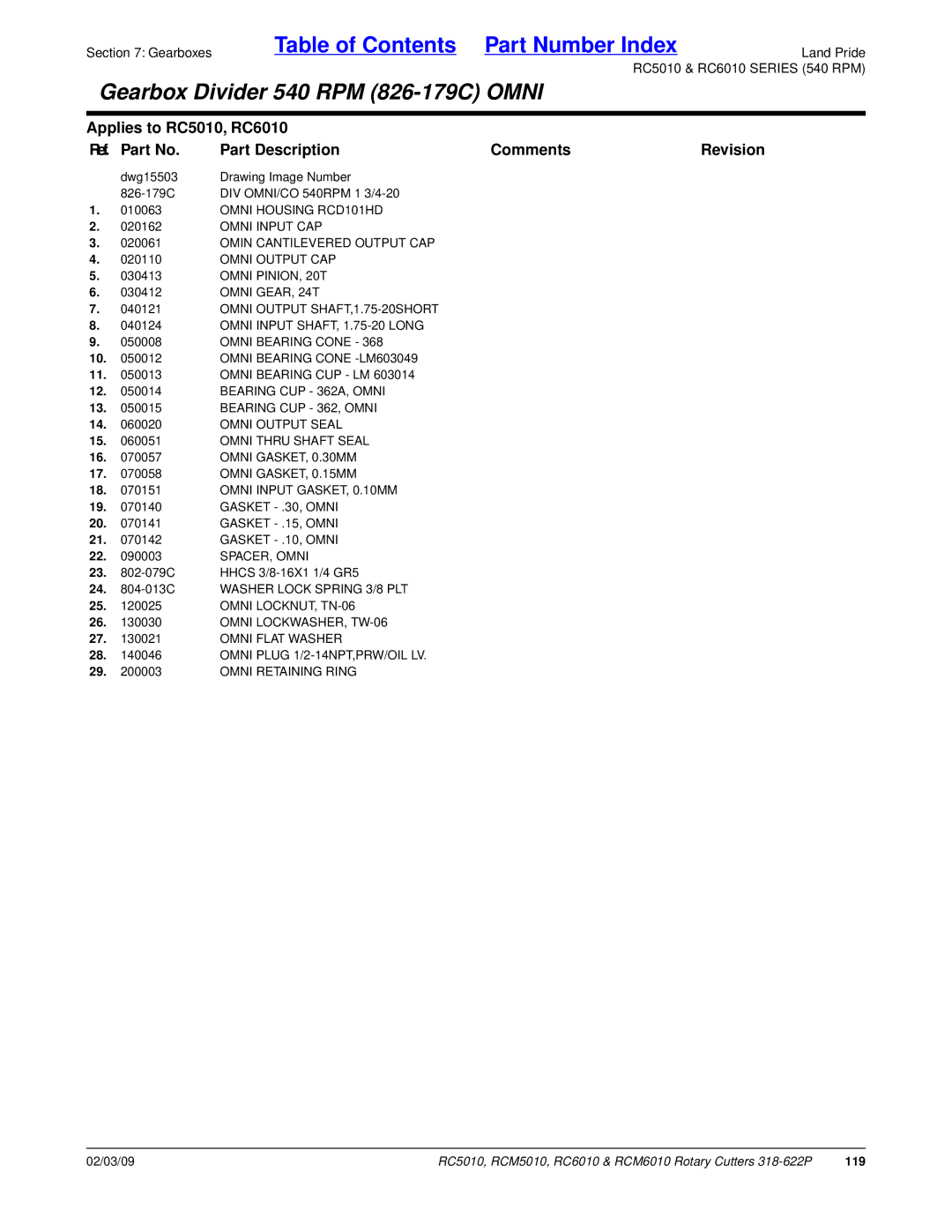 Land Pride RC6010 Omni Housing RCD101HD, Omin Cantilevered Output CAP, Omni Output CAP, Omni PINION, 20T, Omni GEAR, 24T 