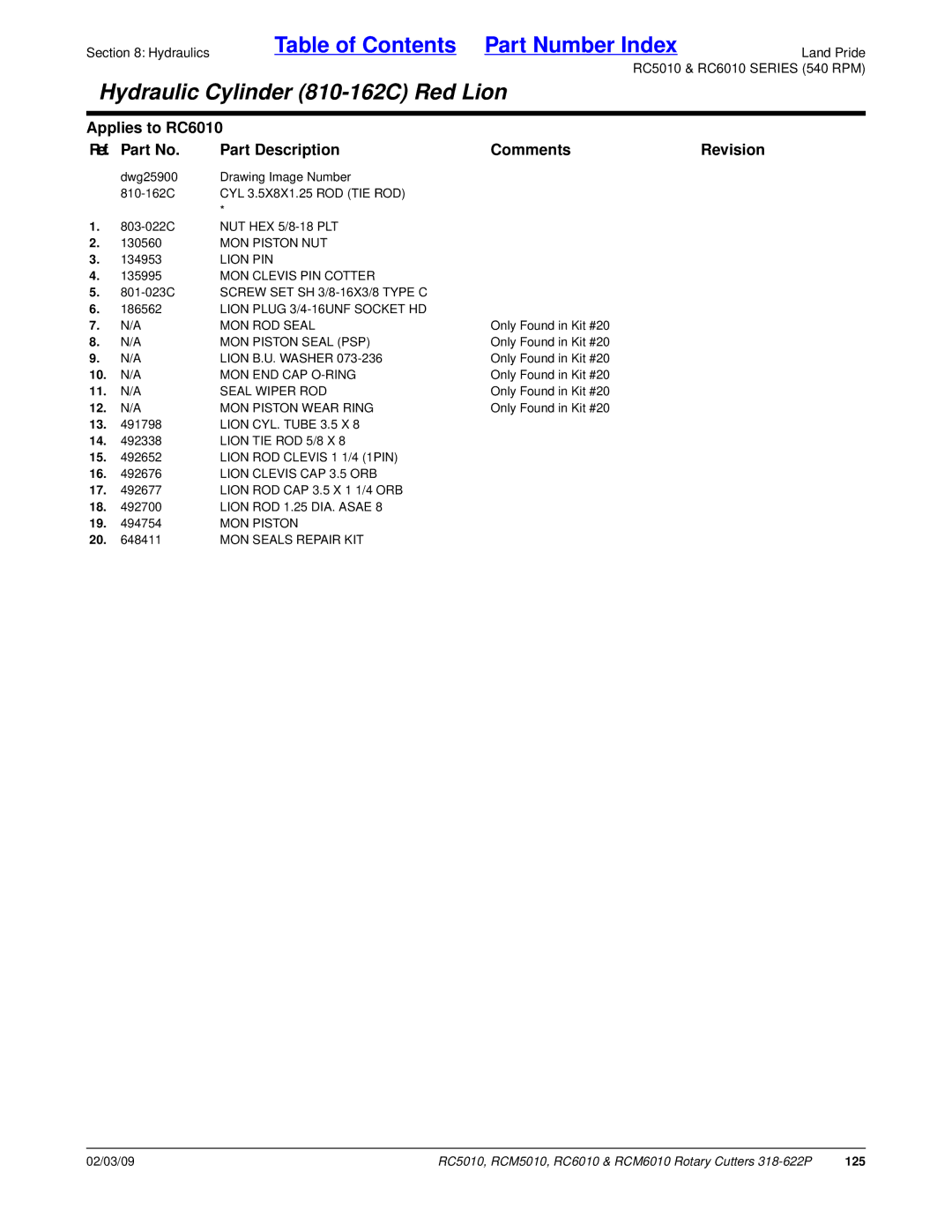 Land Pride RC5010, RCM6010, RCM5010 Lion Plug 3/4-16UNF Socket HD MON ROD Seal, MON Piston Seal PSP, Lion CYL. Tube 3.5 X 