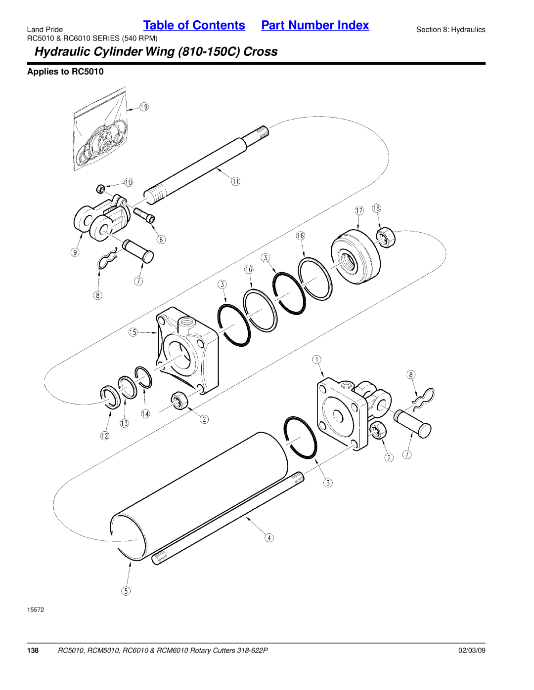 Land Pride RCM5010, RCM6010, RC5010, RC6010 manual Hydraulic Cylinder Wing 810-150C Cross 