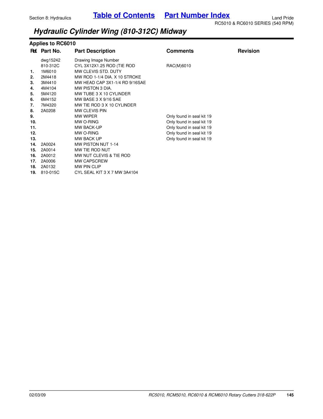 Land Pride RC5010, RCM6010 MW ROD 1-1/4 DIA. X 10 Stroke, MW Tube 3 X 10 Cylinder, MW TIE ROD 3 X 10 Cylinder, Mw Back-Up 