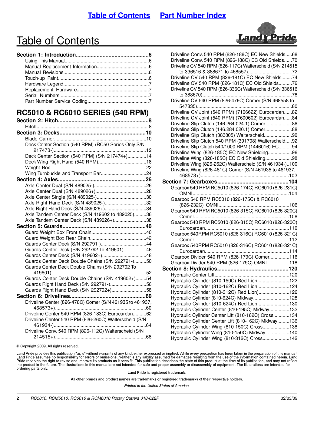 Land Pride RCM5010, RCM6010, RC5010, RC6010 manual Table of Contents 