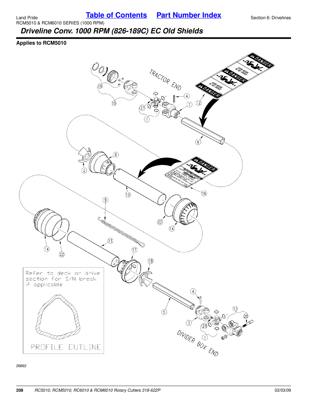 Land Pride RCM6010, RC5010, RCM5010, RC6010 manual Driveline Conv RPM 826-189C EC Old Shields 