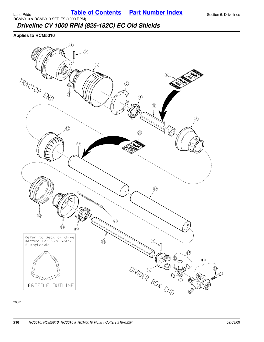 Land Pride RCM6010, RC5010, RCM5010, RC6010 manual Driveline CV 1000 RPM 826-182C EC Old Shields 