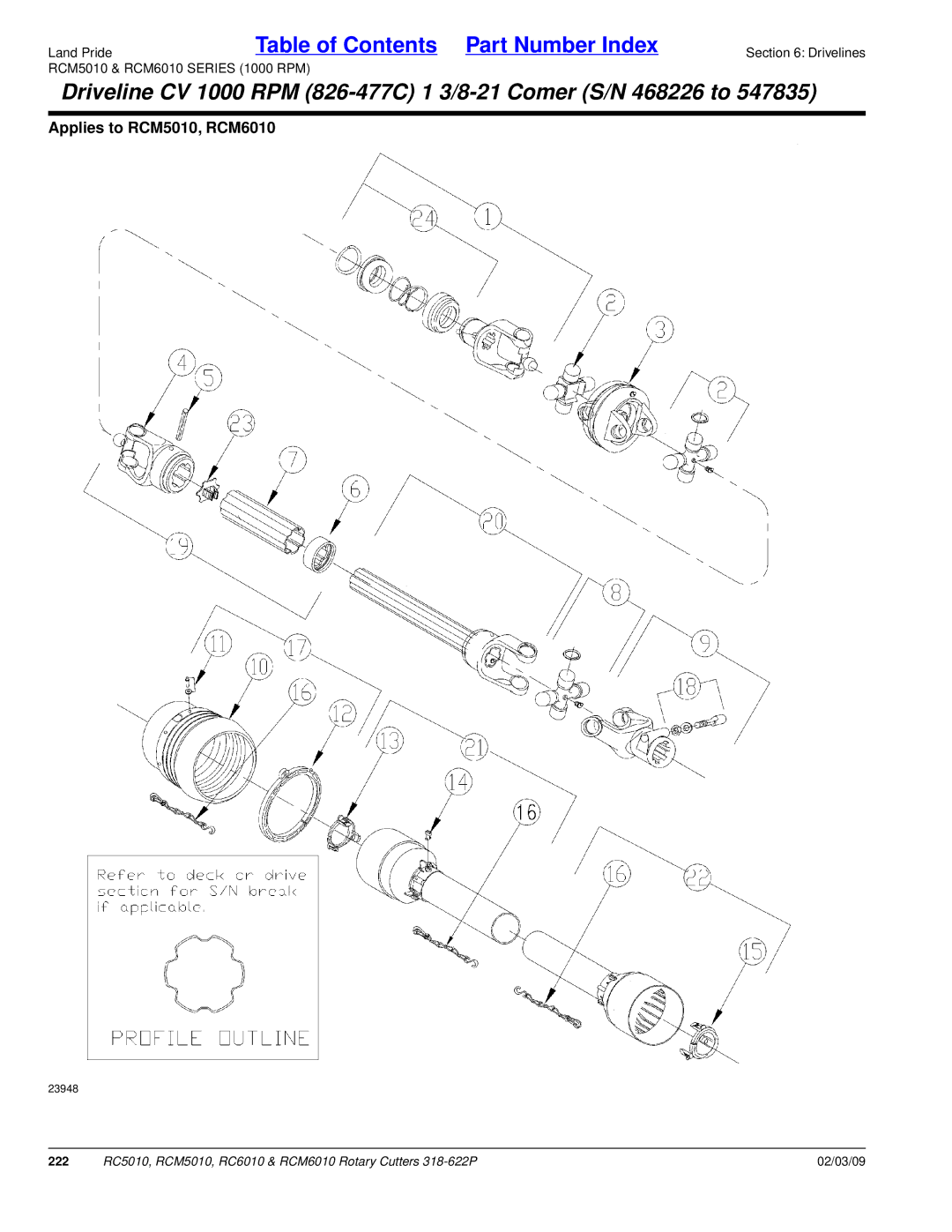 Land Pride RCM5010, RCM6010, RC5010, RC6010 manual Driveline CV 1000 RPM 826-477C 1 3/8-21 Comer S/N 468226 to 