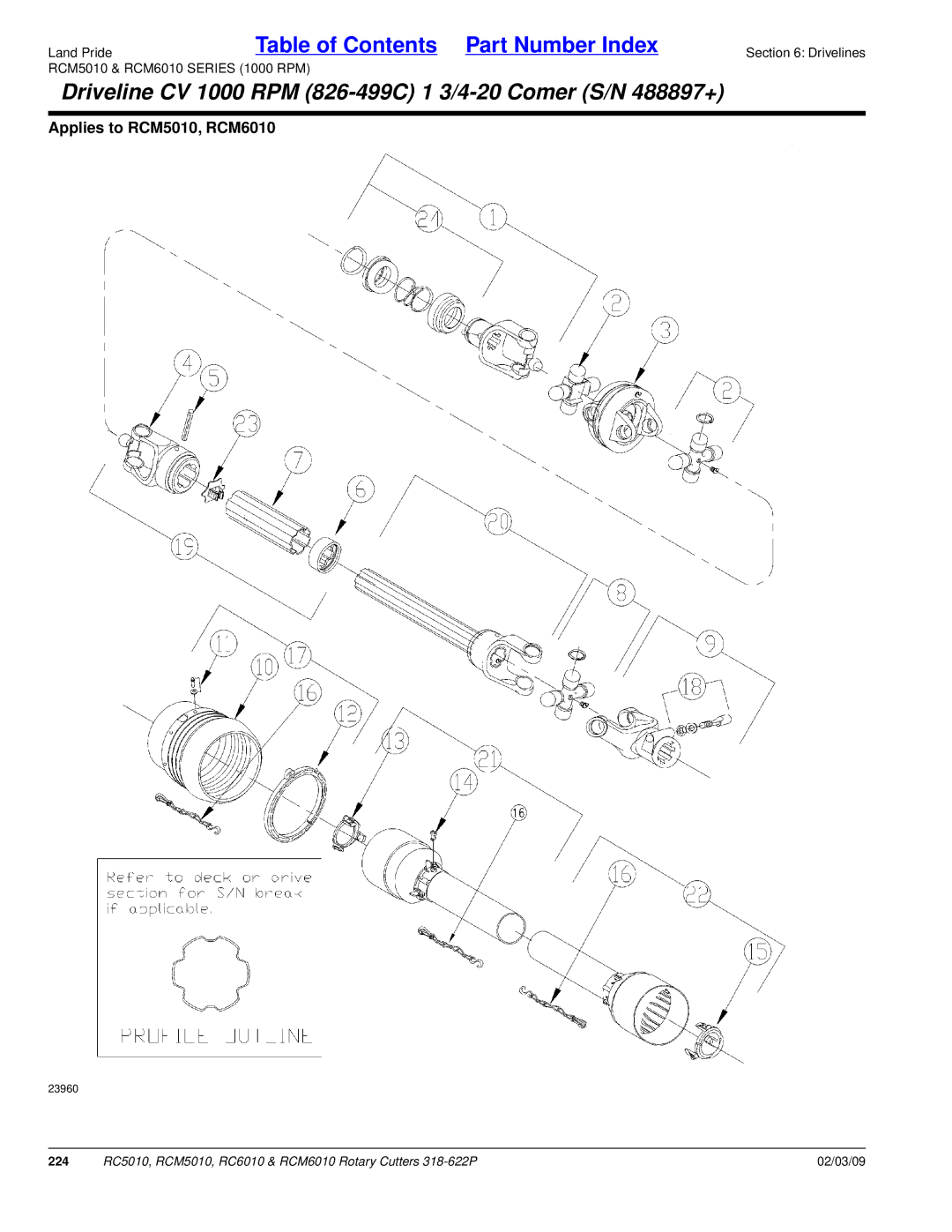 Land Pride RCM6010, RC5010, RCM5010, RC6010 manual Driveline CV 1000 RPM 826-499C 1 3/4-20 Comer S/N 488897+ 