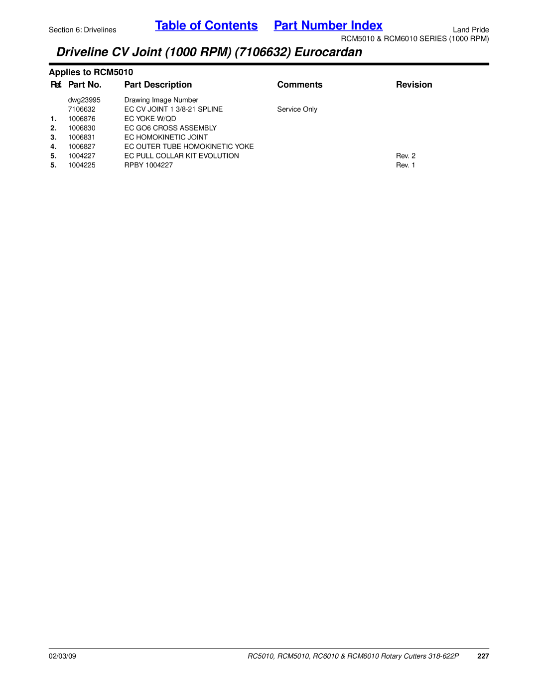 Land Pride RC6010, RCM6010, RC5010, RCM5010 manual EC CV Joint 1 3/8-21 Spline, EC Yoke W/QD 