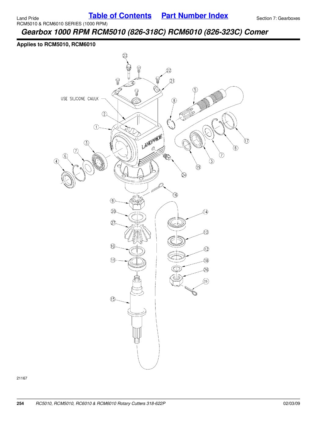 Land Pride RC5010, RC6010 manual Gearbox 1000 RPM RCM5010 826-318C RCM6010 826-323C Comer 