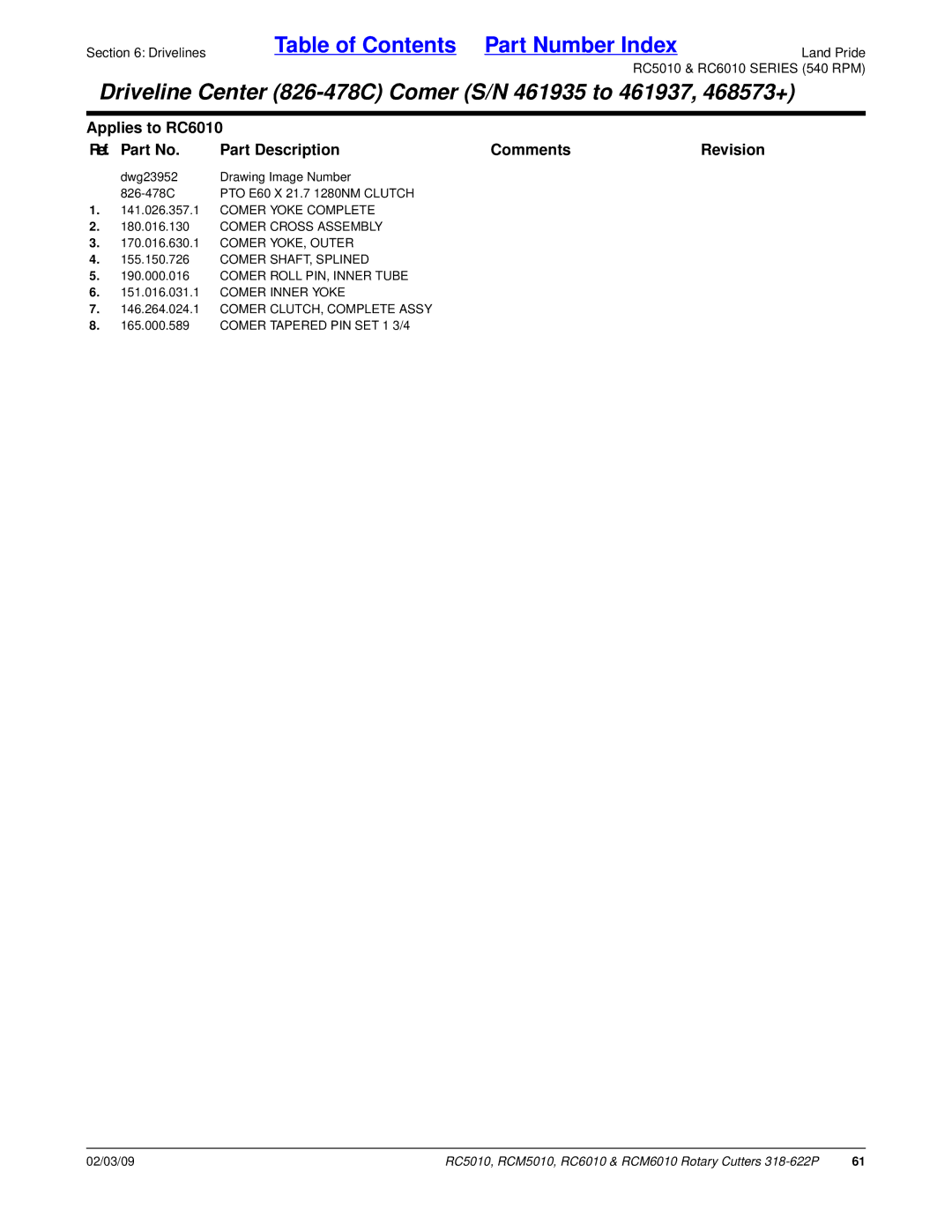 Land Pride RC5010, RCM6010, RCM5010, RC6010 Comer Cross Assembly, Comer Roll PIN, Inner Tube, Comer CLUTCH, Complete Assy 