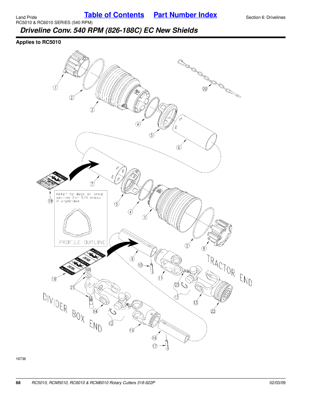 Land Pride RCM6010, RC5010, RCM5010, RC6010 manual Driveline Conv RPM 826-188C EC New Shields 