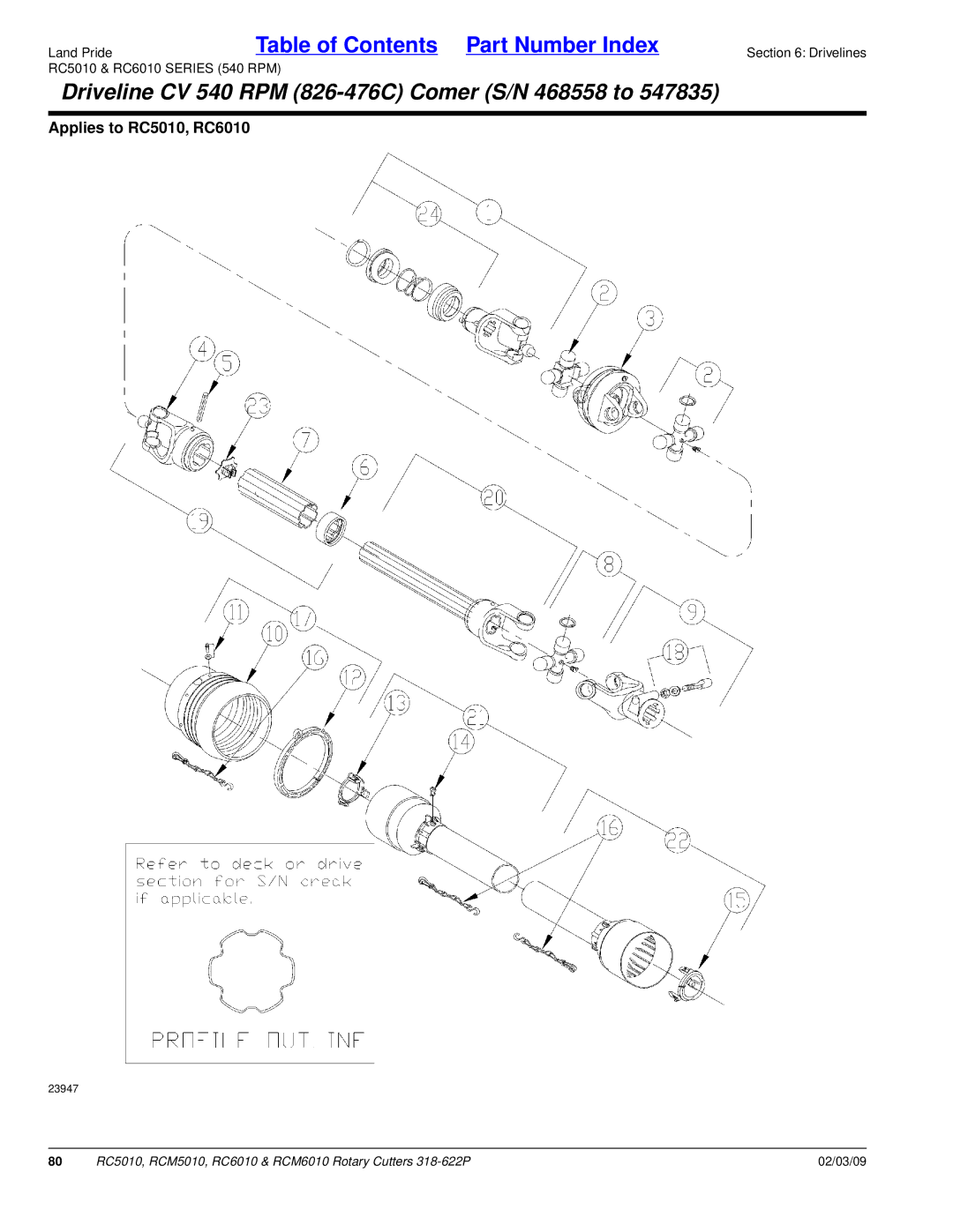 Land Pride RCM6010, RC5010, RCM5010, RC6010 manual Driveline CV 540 RPM 826-476C Comer S/N 468558 to 