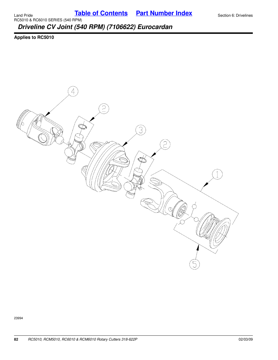 Land Pride RCM5010, RCM6010, RC5010, RC6010 manual Driveline CV Joint 540 RPM 7106622 Eurocardan 