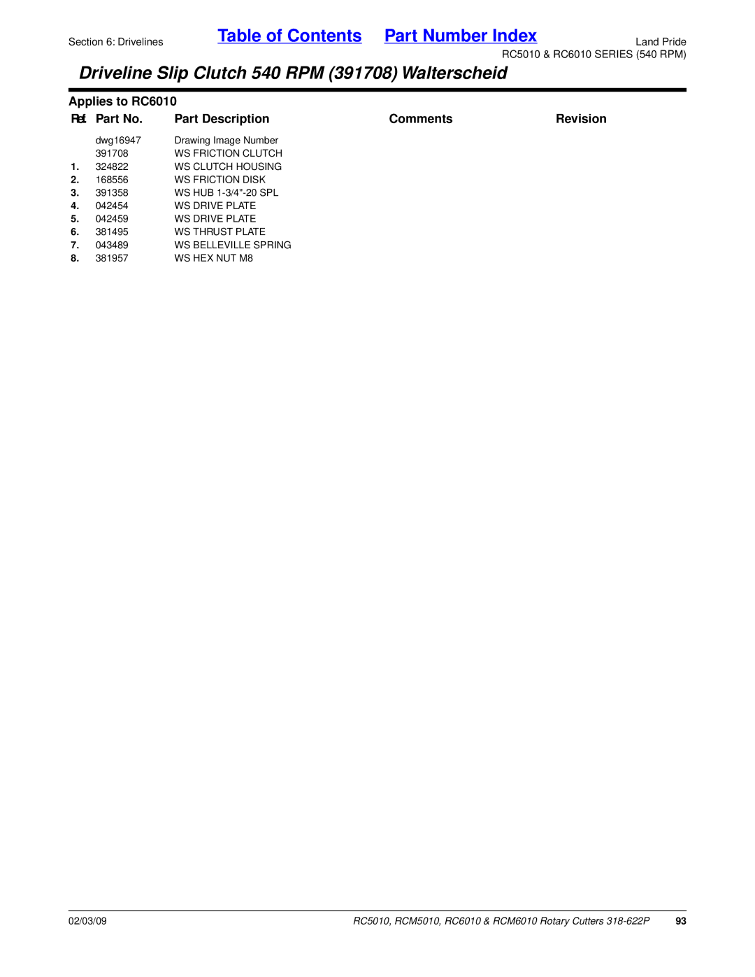 Land Pride RC5010, RCM6010, RCM5010, RC6010 manual Dwg16947 Drawing Image Number 391708 