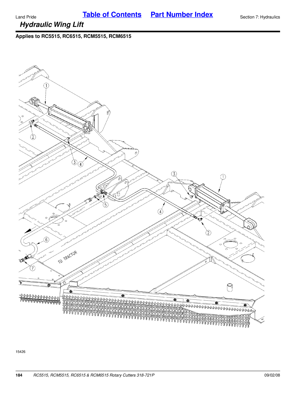 Land Pride RCM6515, RCM5515, RC6515, RC5515 manual Hydraulic Wing Lift, 184 