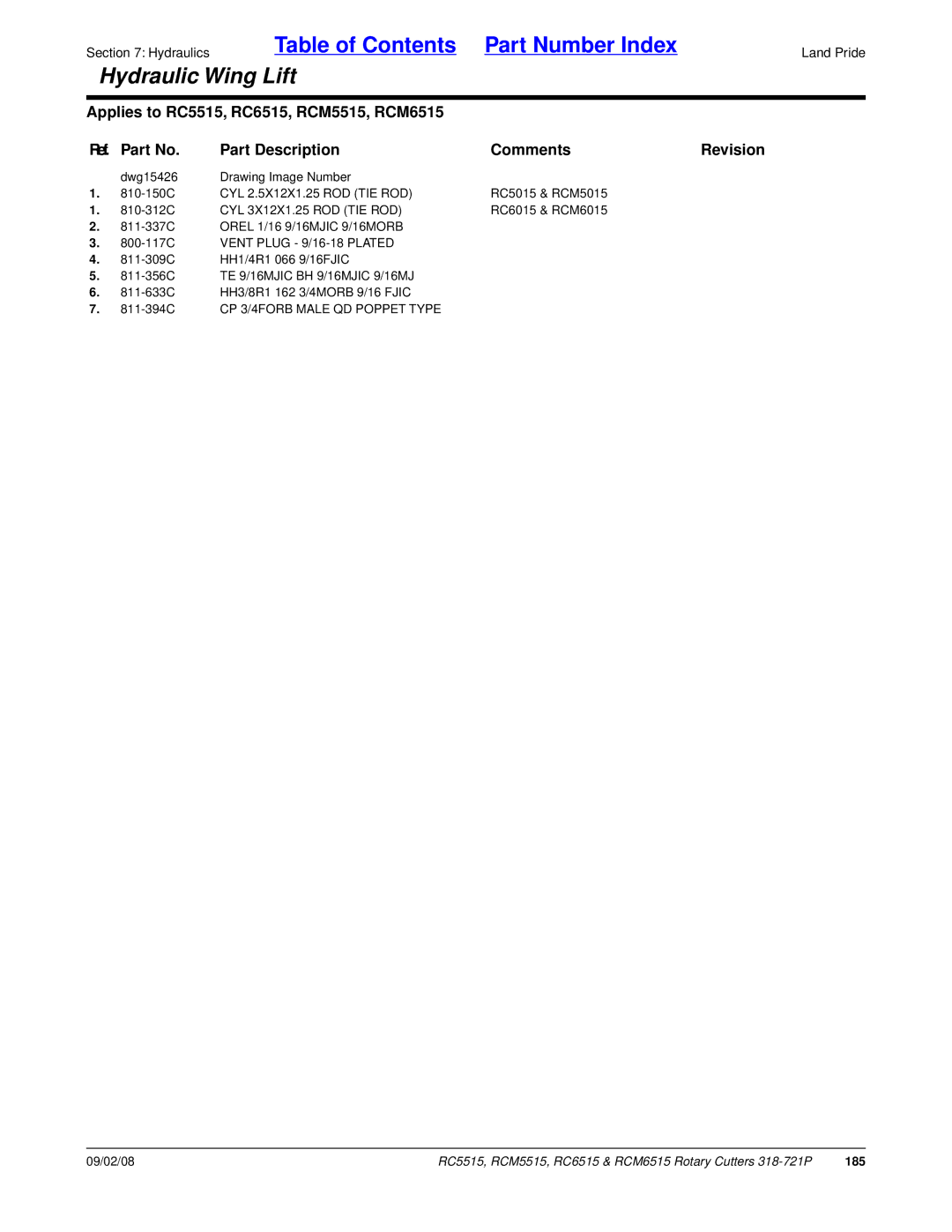 Land Pride RCM5515, RCM6515, RC6515, RC5515 manual CYL 3X12X1.25 ROD TIE ROD, 185 