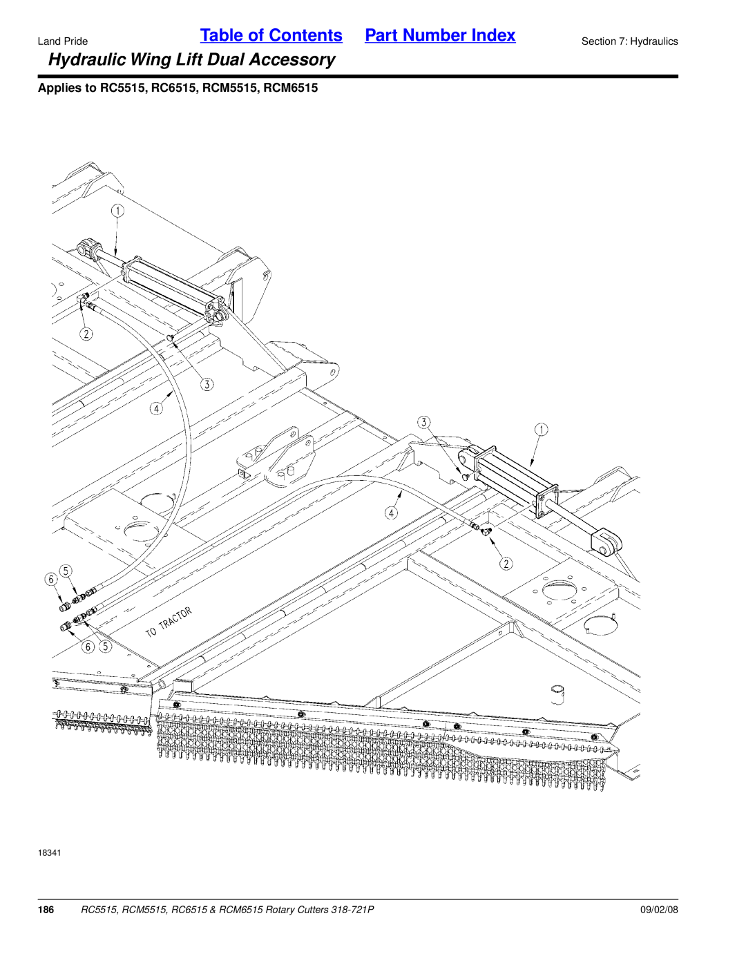 Land Pride RC6515, RCM6515, RCM5515, RC5515 manual Hydraulic Wing Lift Dual Accessory, 186 