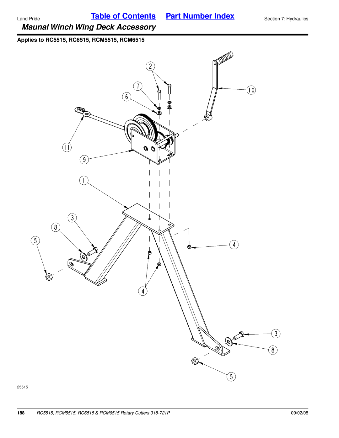 Land Pride RCM6515, RCM5515, RC6515, RC5515 manual Maunal Winch Wing Deck Accessory, 188 