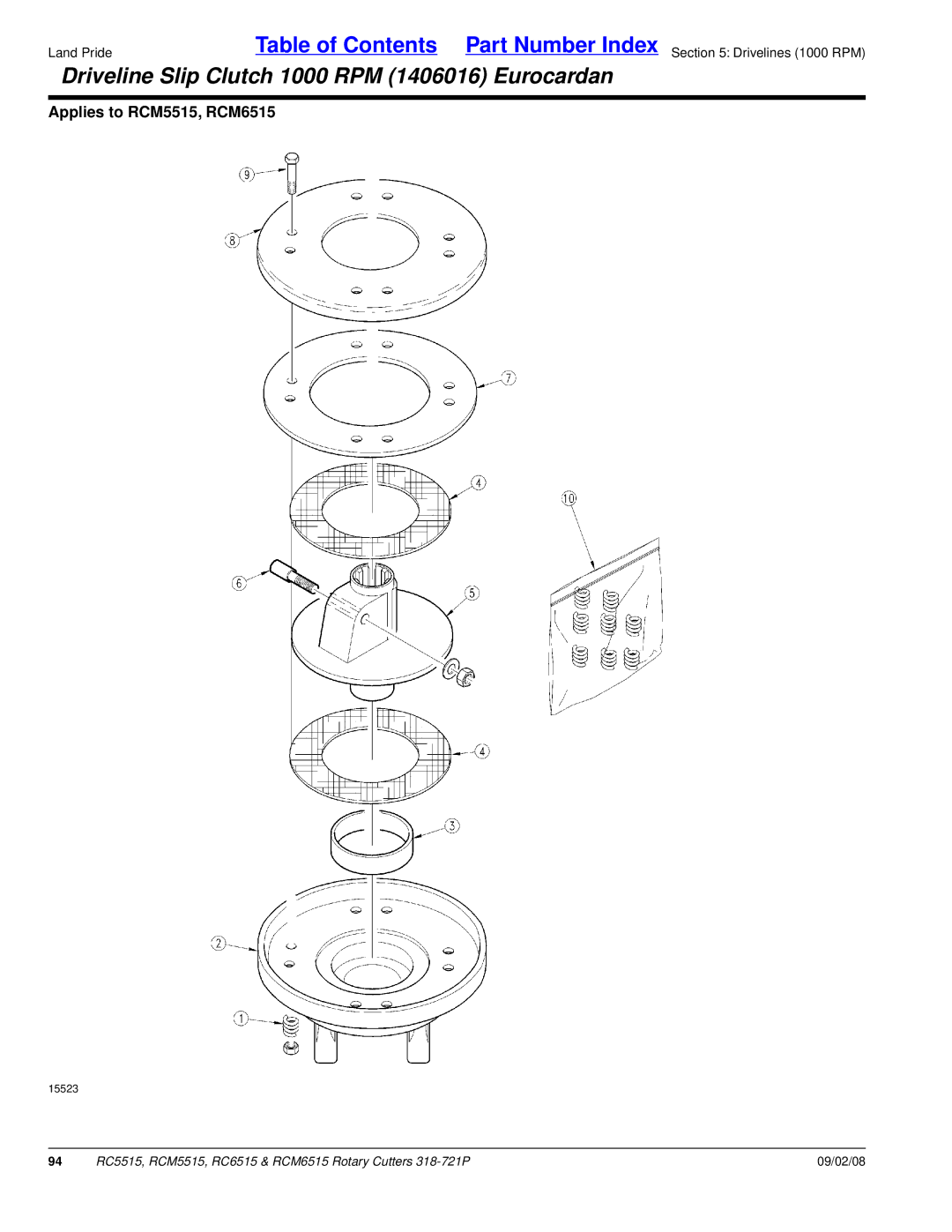 Land Pride RC6515, RCM6515, RCM5515, RC5515 manual Driveline Slip Clutch 1000 RPM 1406016 Eurocardan 