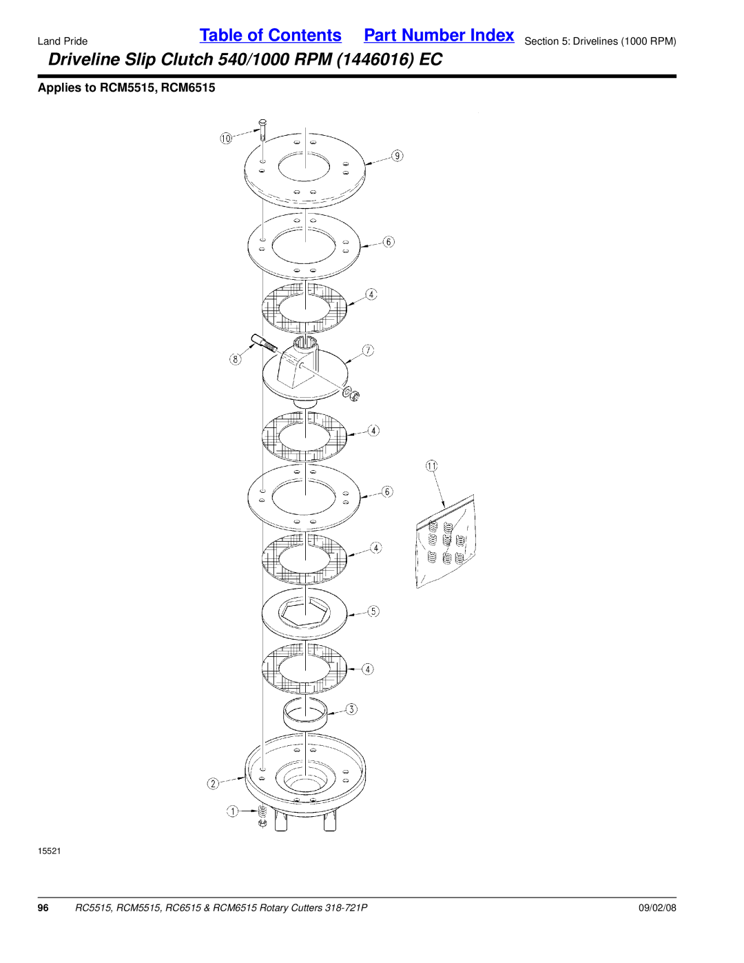 Land Pride RCM6515, RCM5515, RC6515, RC5515 manual Driveline Slip Clutch 540/1000 RPM 1446016 EC 