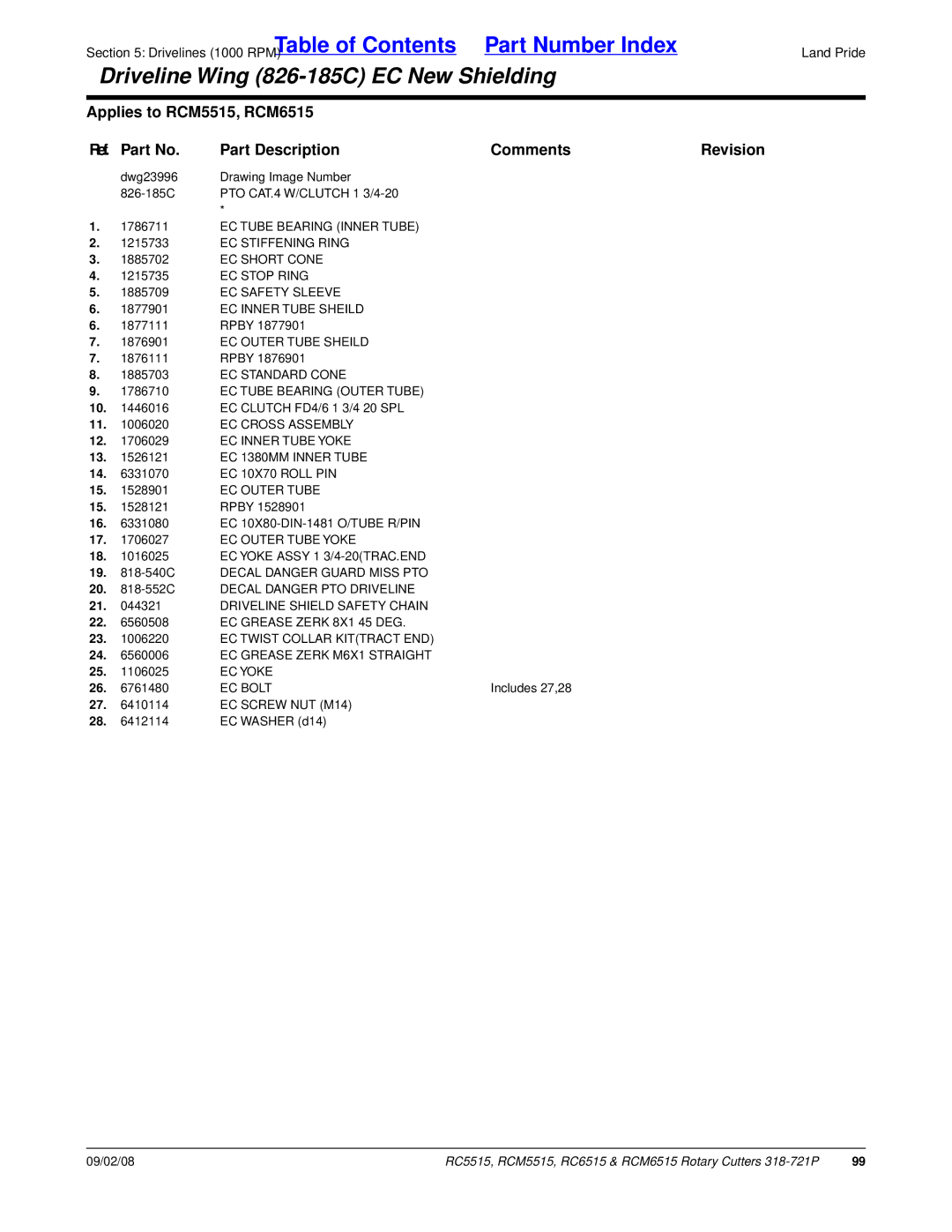 Land Pride RC5515 EC Tube Bearing Inner Tube, EC Stiffening Ring, EC Short Cone, EC Stop Ring, EC Safety Sleeve, EC Yoke 