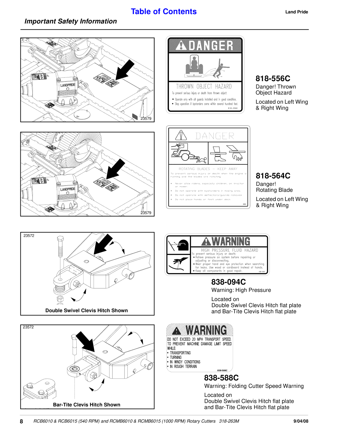 Land Pride RCMB6015, RCMB6010 manual 818-556C, 818-564C, 838-094C, 838-588C 