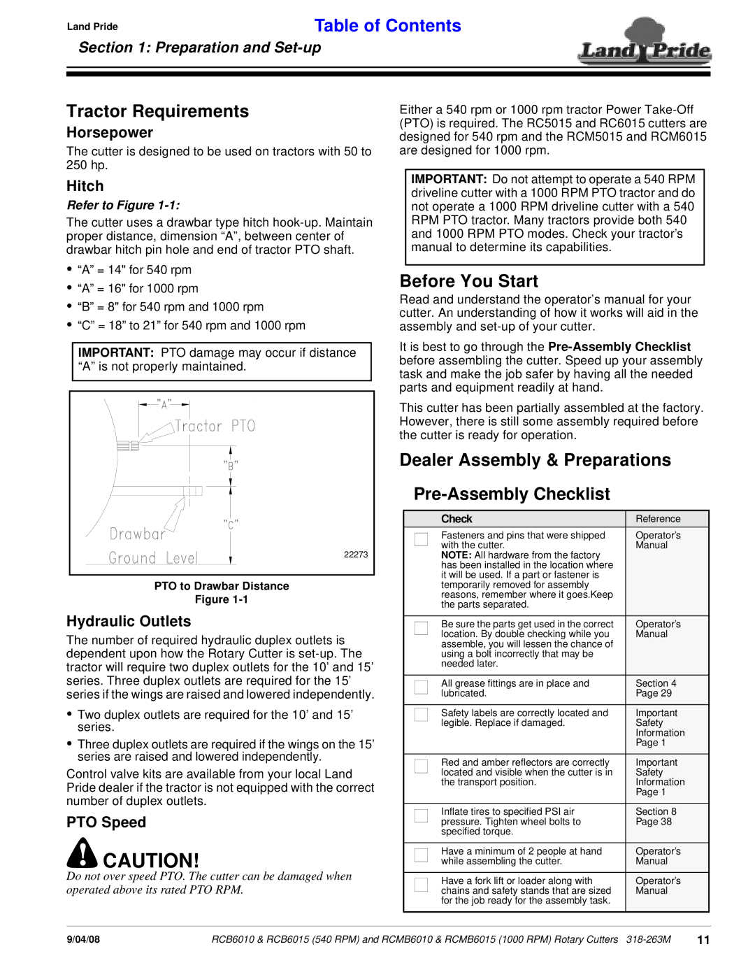 Land Pride RCMB6010 manual Tractor Requirements, Before You Start, Dealer Assembly & Preparations Pre-Assembly Checklist 