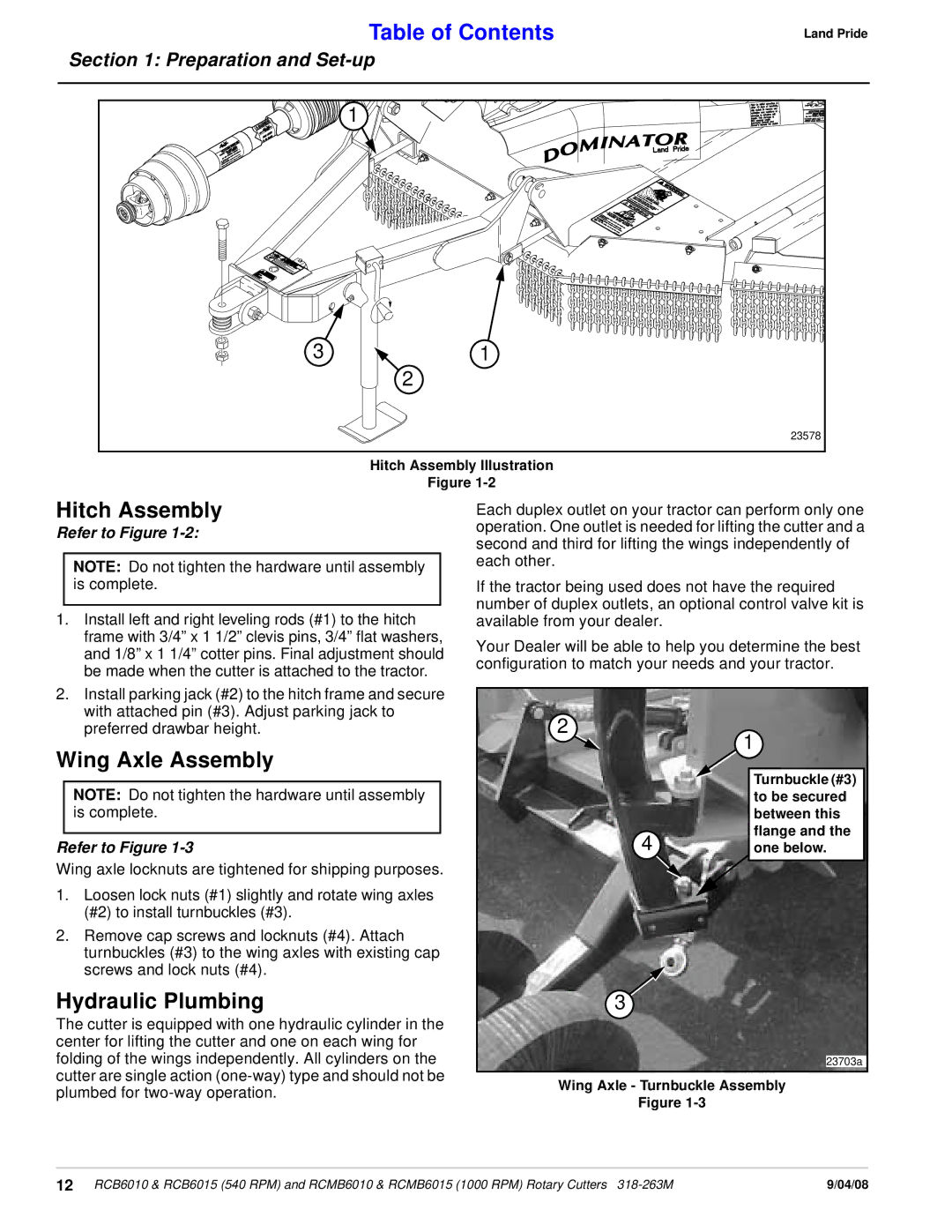 Land Pride RCMB6015, RCMB6010 manual Hitch Assembly, Wing Axle Assembly, Hydraulic Plumbing 