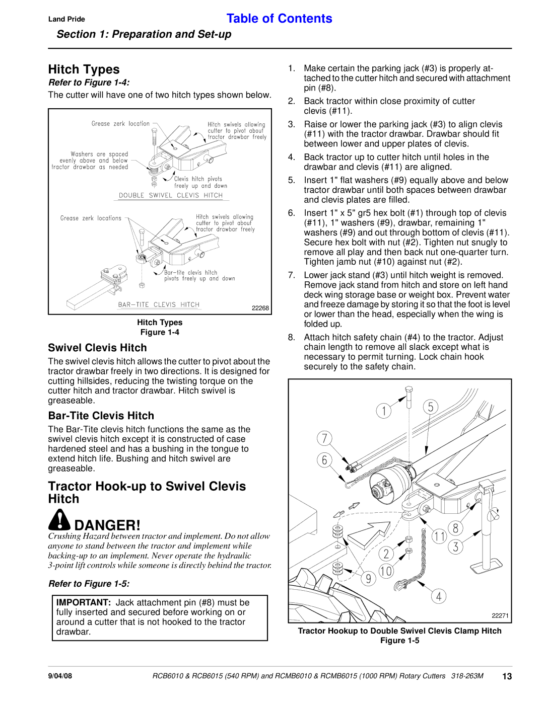 Land Pride RCMB6010, RCMB6015 manual Hitch Types, Tractor Hook-up to Swivel Clevis Hitch, Bar-Tite Clevis Hitch 