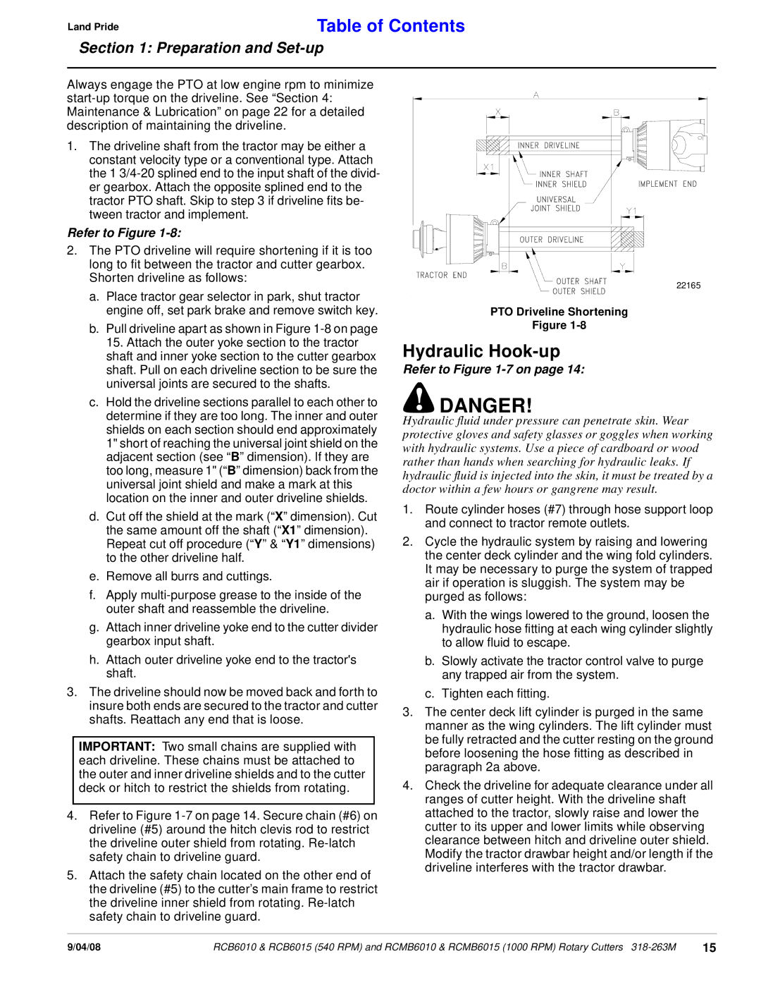 Land Pride RCMB6010, RCMB6015 manual Hydraulic Hook-up, Refer to -7on, PTO Driveline Shortening 