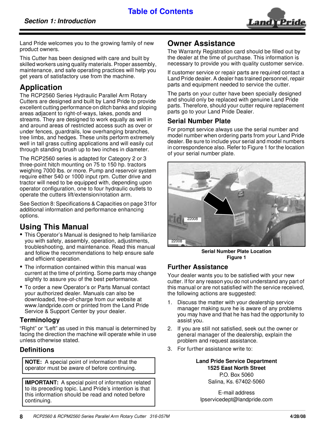 Land Pride RCPM2560, RCP2560, Parallel Arm Rotary Cutter Application, Using This Manual, Owner Assistance, Introduction 