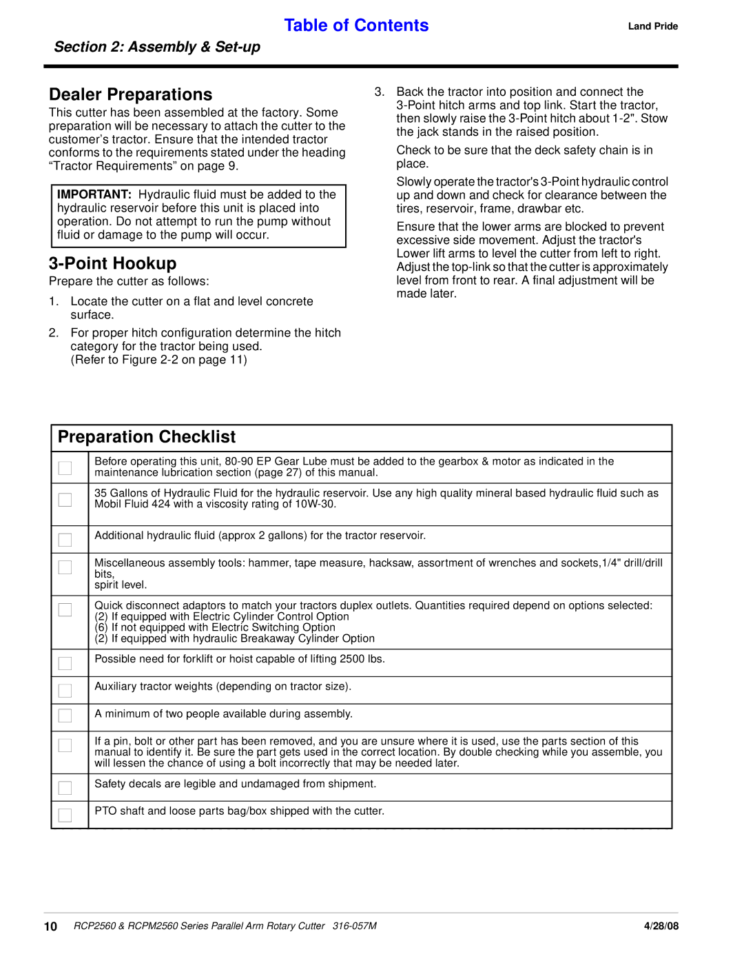 Land Pride RCP2560, RCPM2560, Parallel Arm Rotary Cutter manual Dealer Preparations, Point Hookup, Preparation Checklist 