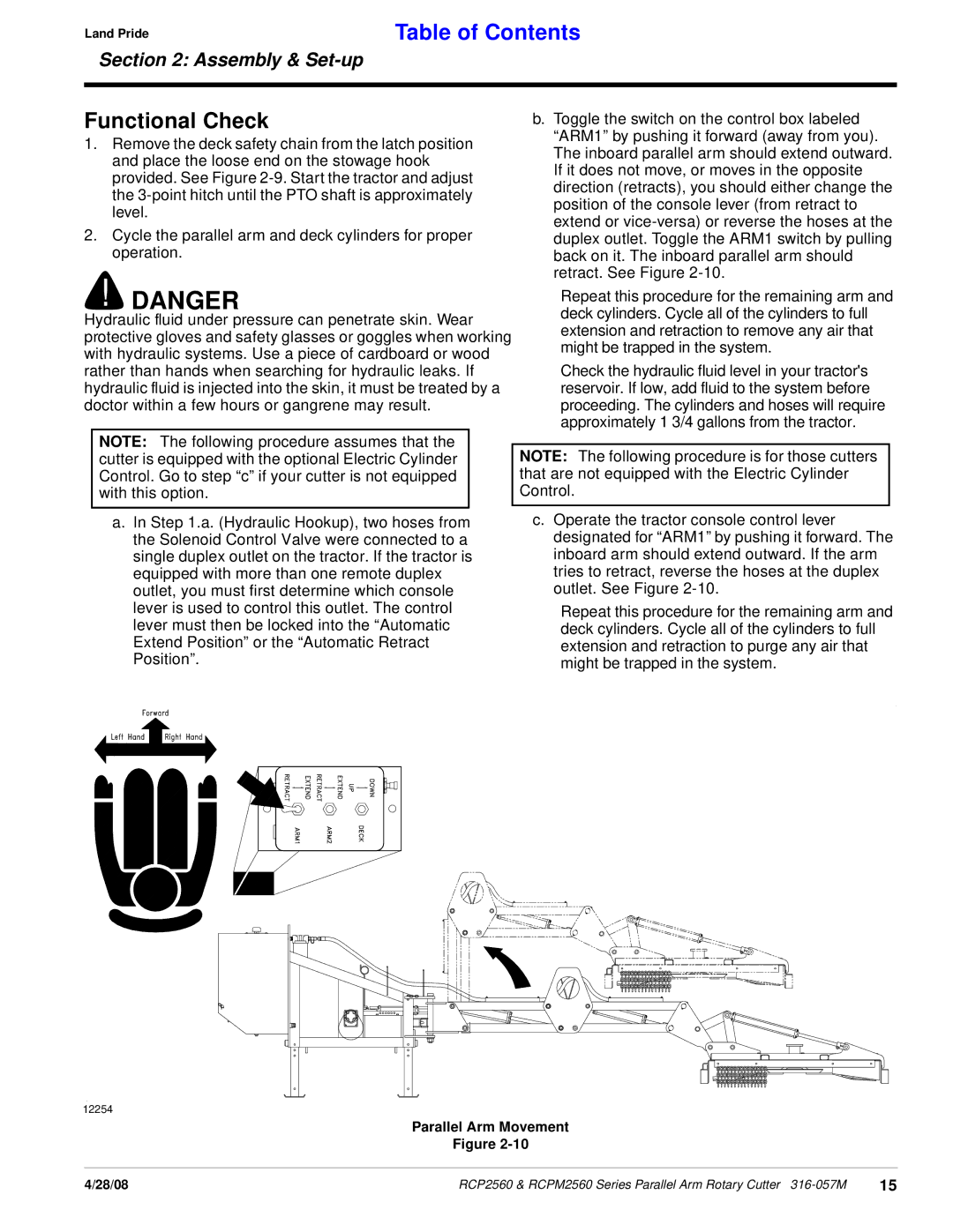 Land Pride Parallel Arm Rotary Cutter, RCP2560, RCPM2560 manual Functional Check 