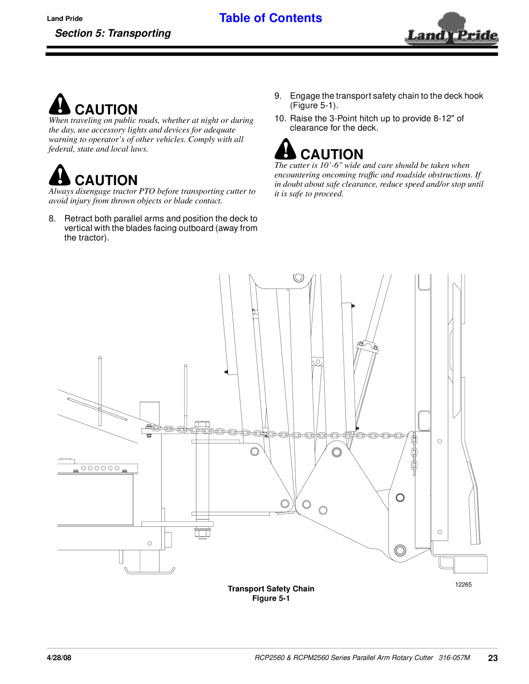 Land Pride RCPM2560, RCP2560, Parallel Arm Rotary Cutter manual Transporting 